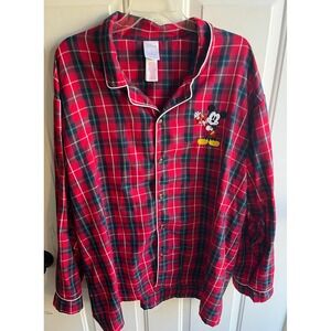 Disney‎ Store Men's Christmas Mickey Embroidered Plaid Flannel XL Pajama Top